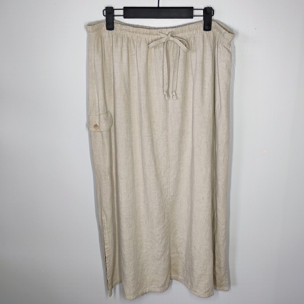 Napa Valley Linen Blend Cargo Midi Skirt Womens 18W Beige Tie Waist Minimalist